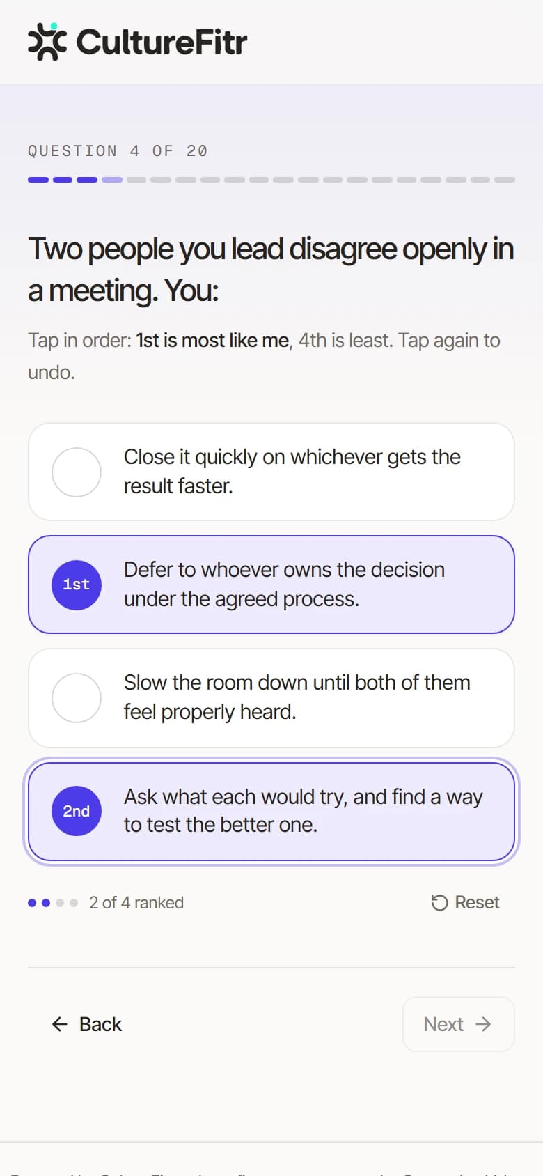CultureFitr candidate assessment on mobile: question 4 of 20 with two of four statements ranked