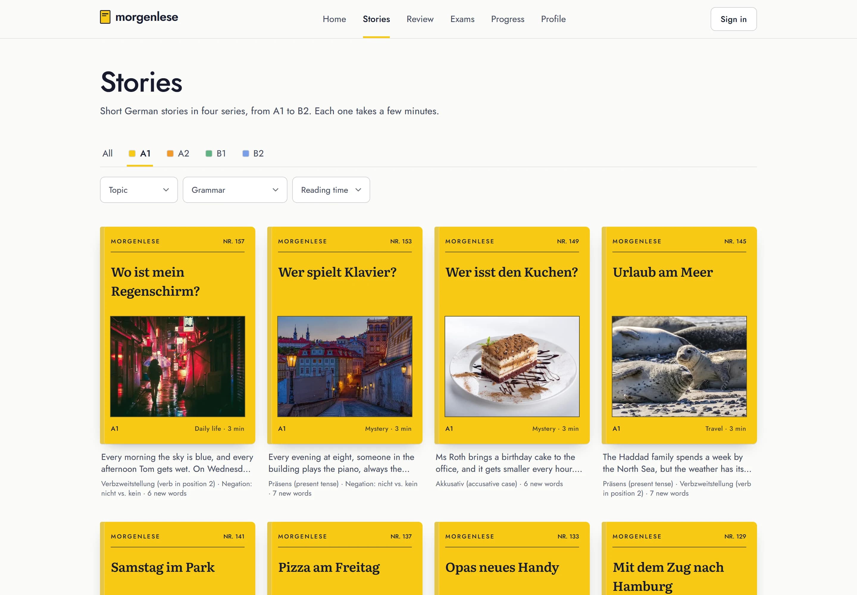 Morgenlese story library filtered to level A1: yellow booklet covers with series numbers, photos, topic, reading time, grammar focus and new-word counts