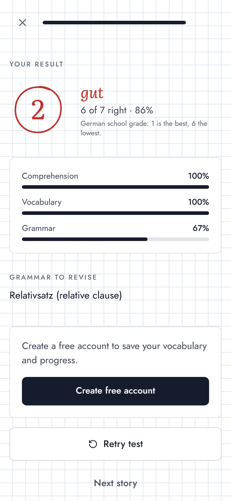 Morgenlese quiz result on a phone: German school grade 2 (gut), 6 of 7 right, scores for comprehension, vocabulary and grammar, and the relative clause to revise