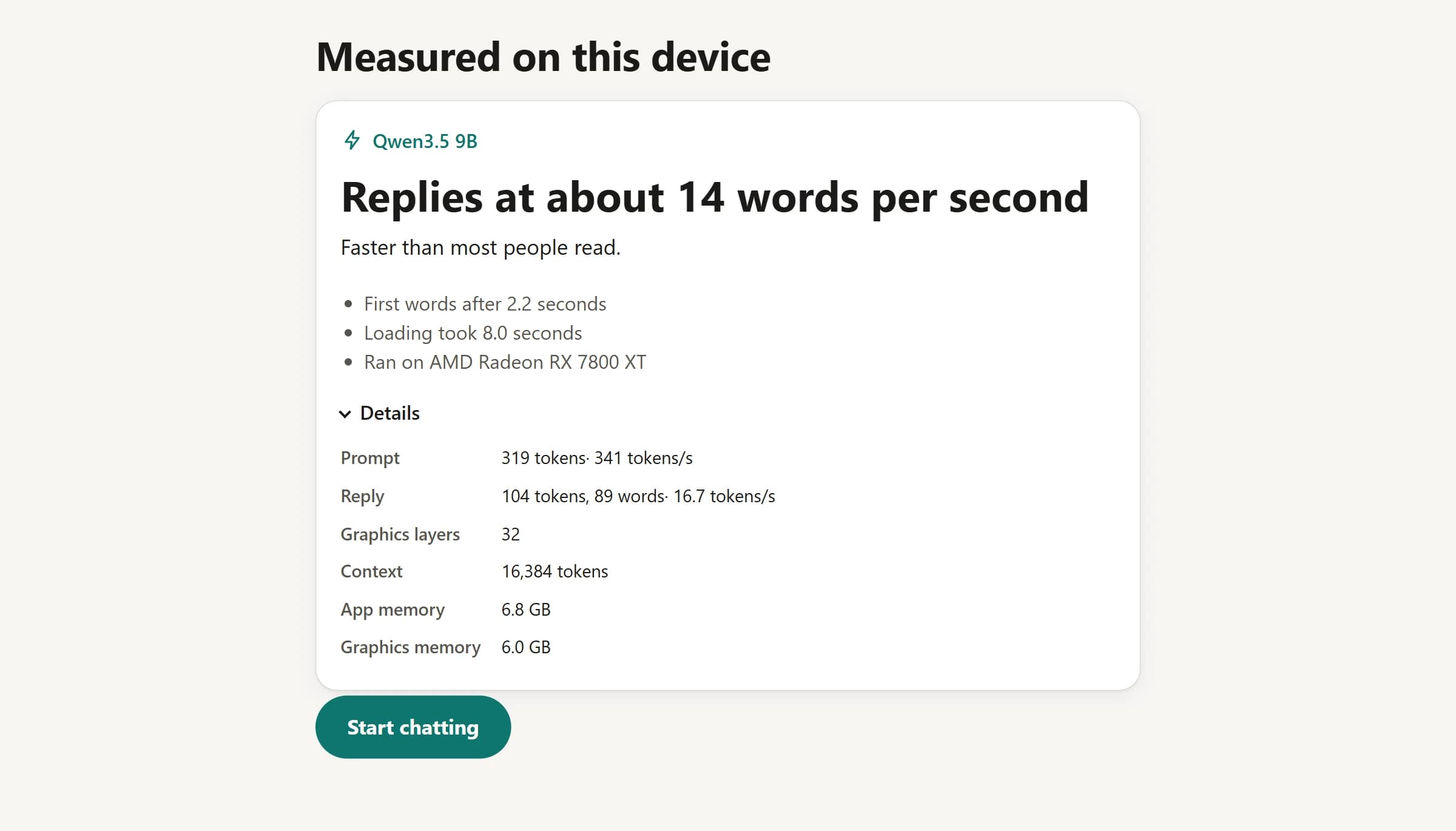 opnlocal benchmark result measured on the device: replies at about 14 words per second, with prompt speed, context size and memory use in the details