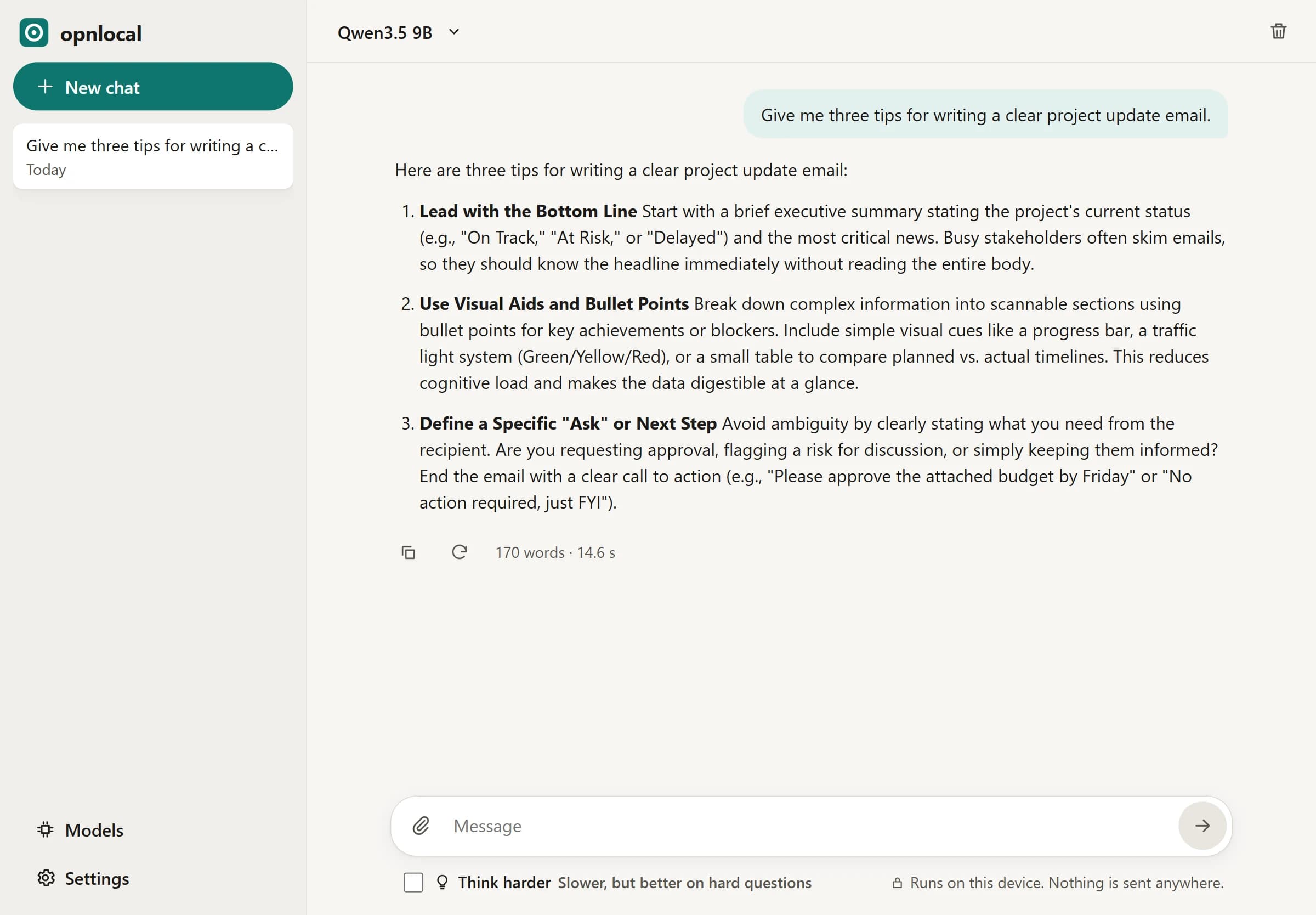 opnlocal chat with a reply generated on the device, noting that nothing is sent anywhere