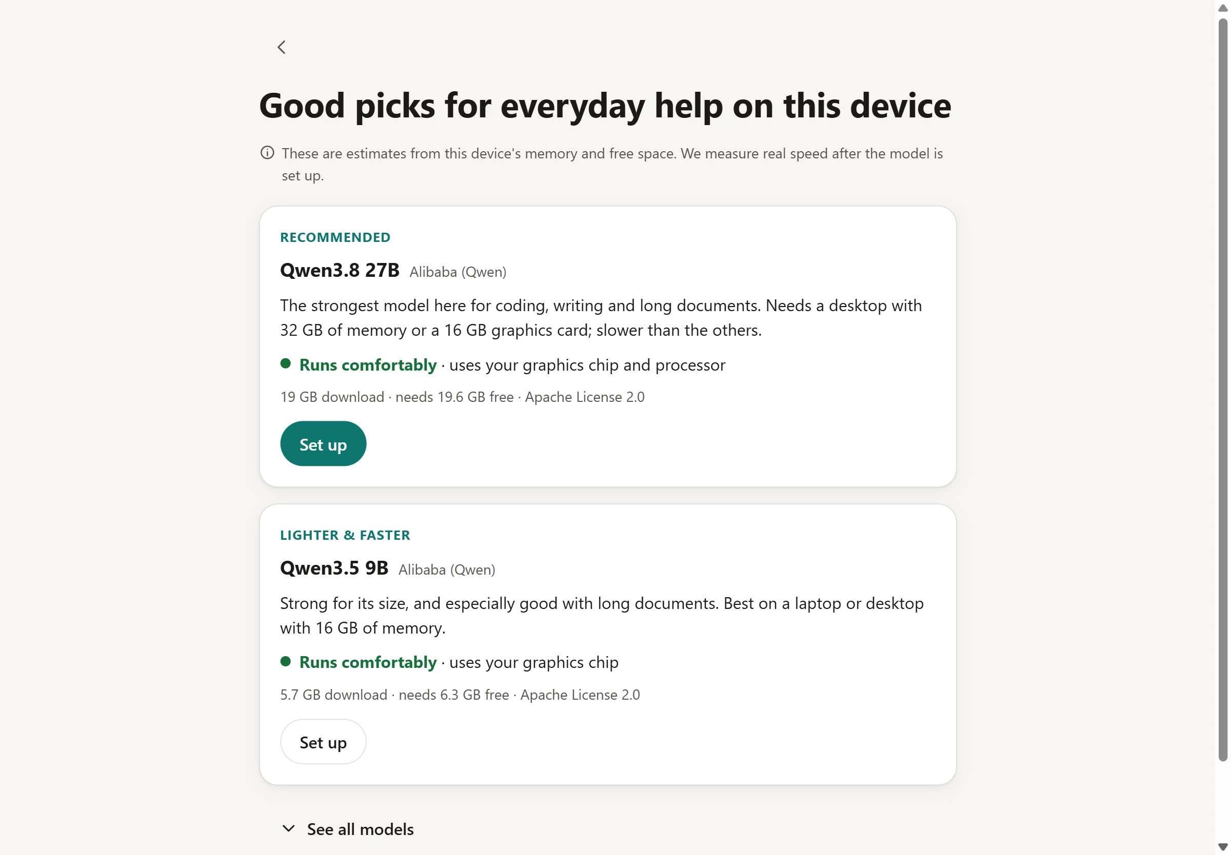 opnlocal suggesting two models for everyday help on this device, each marked as running comfortably, with download size and free space needed