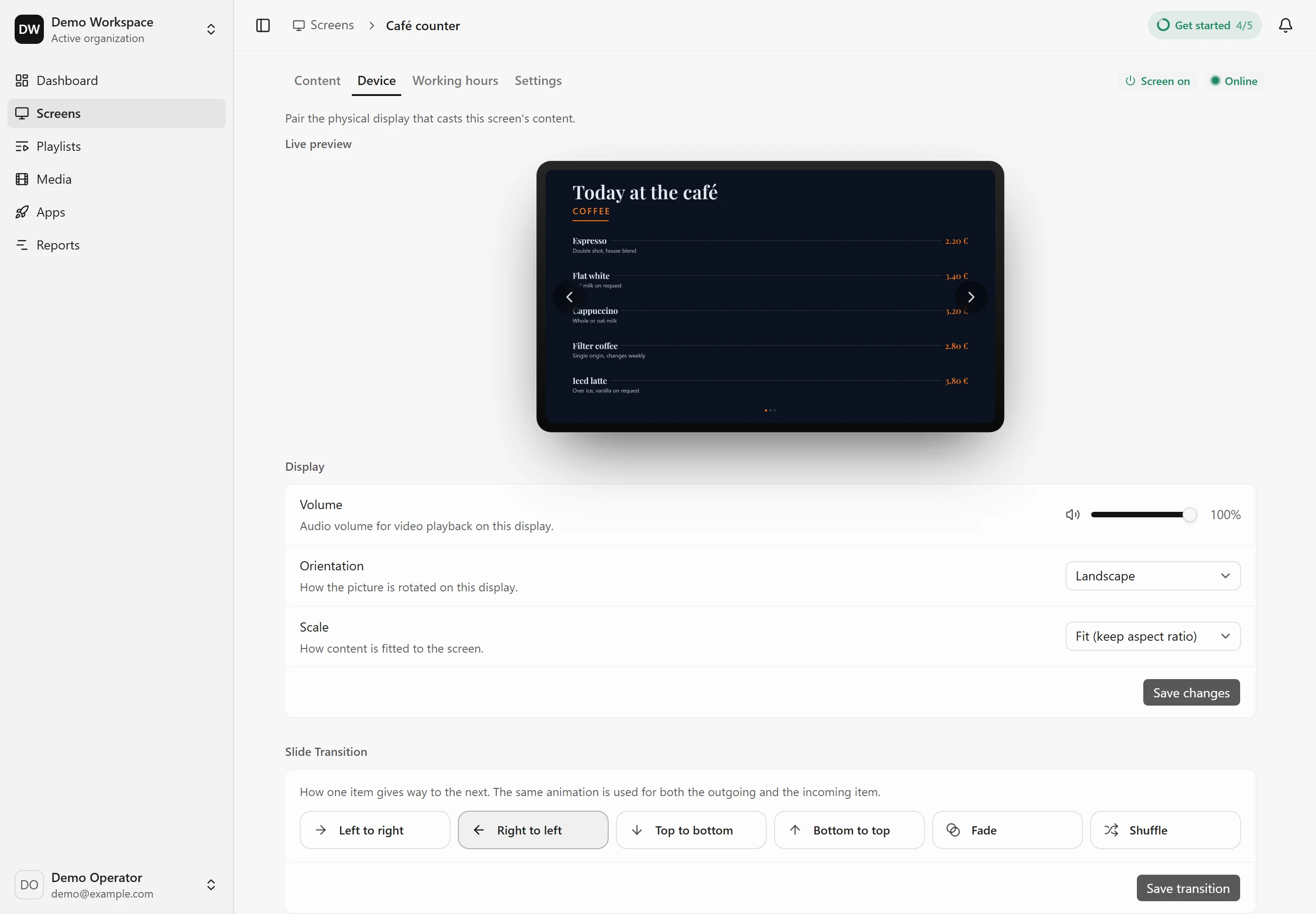 SignageWall screen settings with a live preview of the assigned café menu board, plus volume, orientation, scale and slide-transition controls