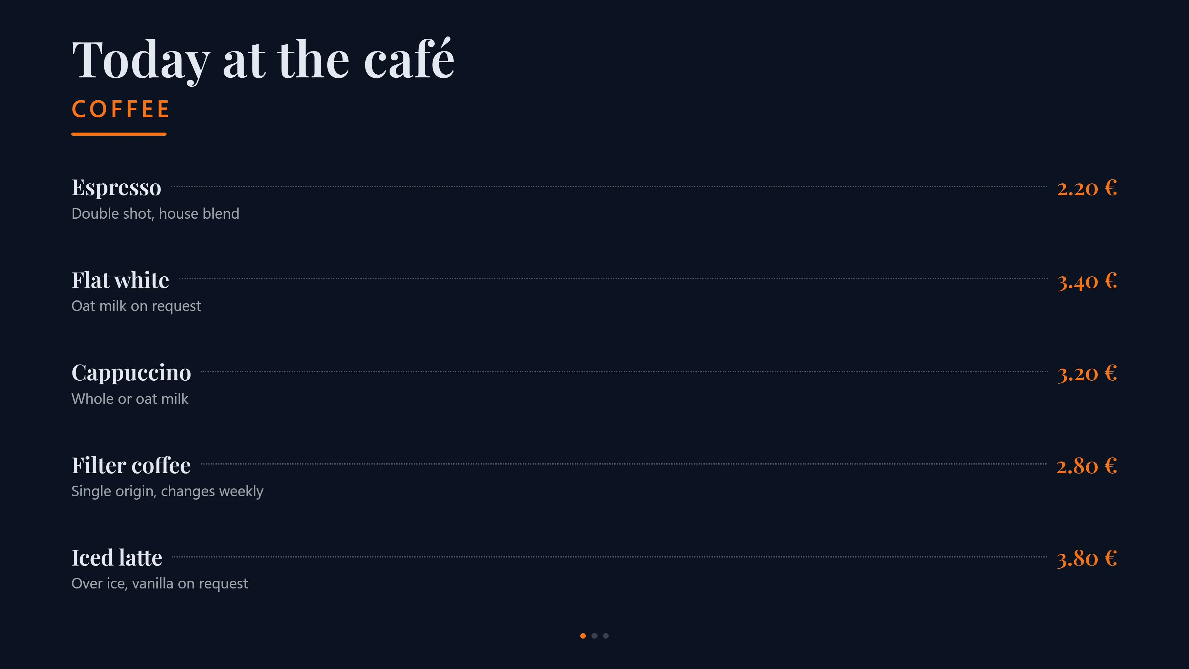 SignageWall player showing a café menu board with coffee items and prices